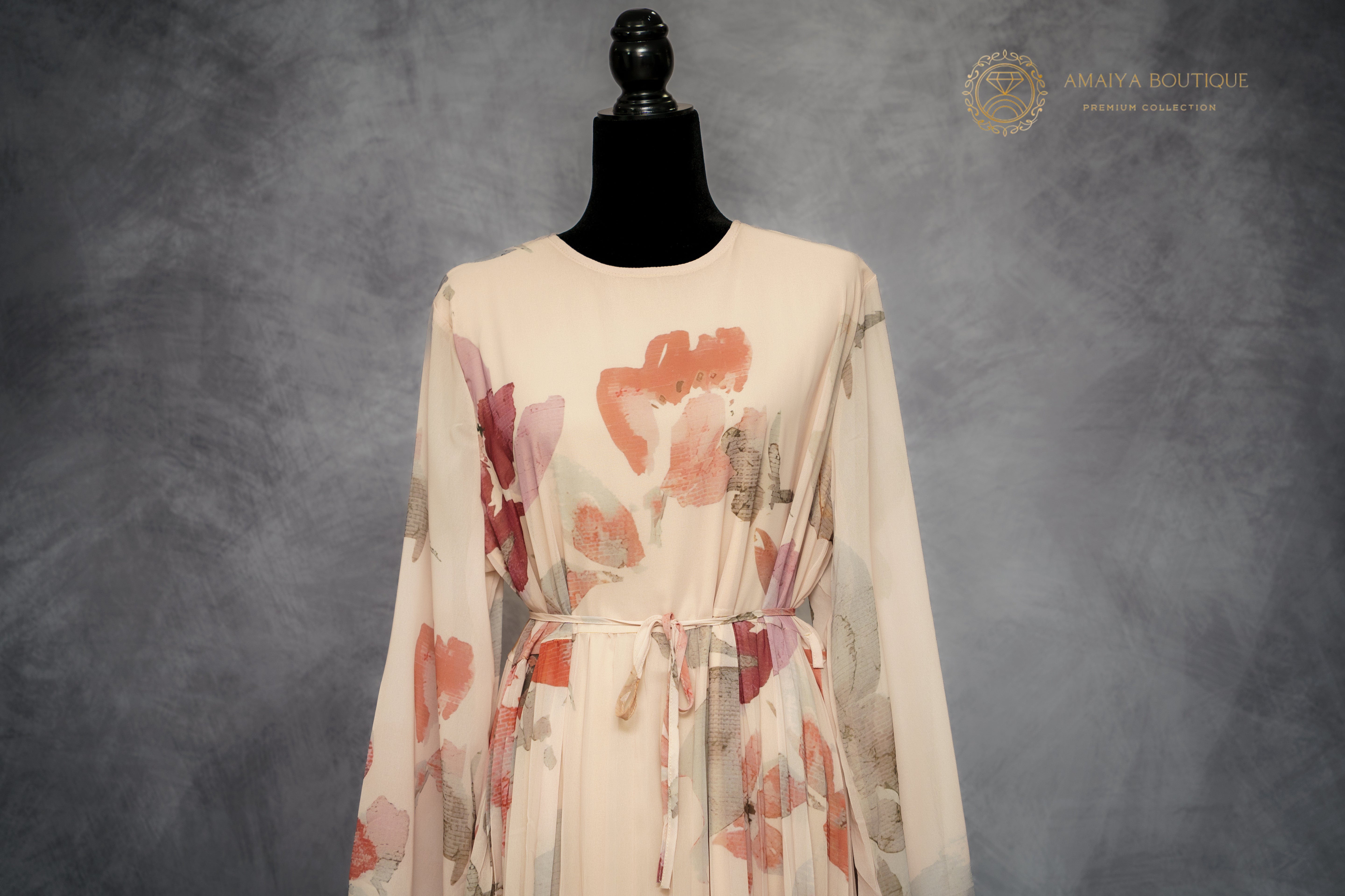 Chiffon Long Dress – Beige Floral