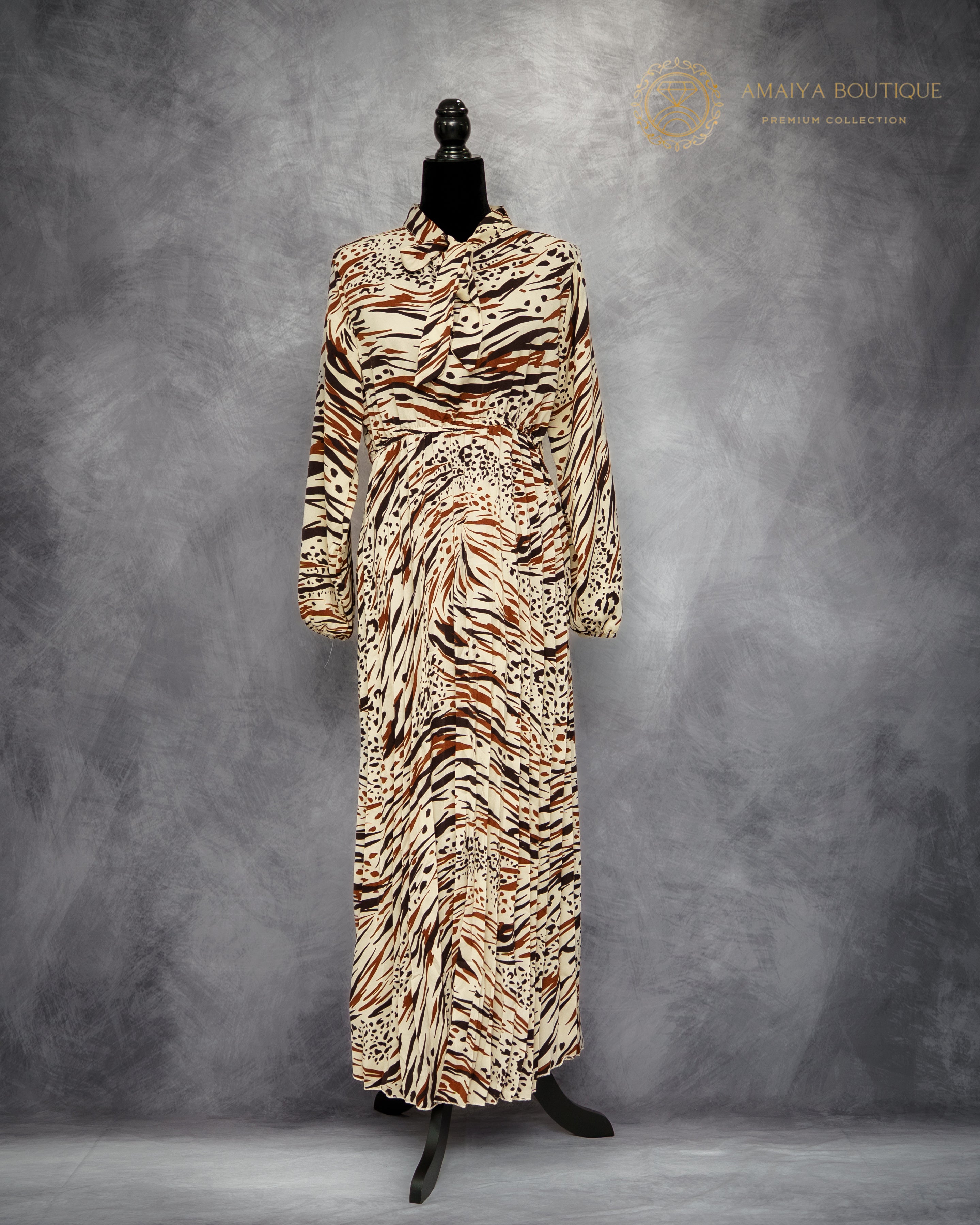 Linen Long Dress – Black & Brown Zebra Print