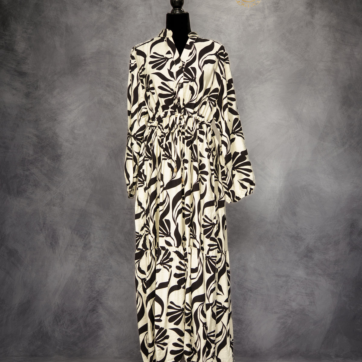 Linen Long Dress- Black & White Floral Linen Long Dress- Black & White Floral