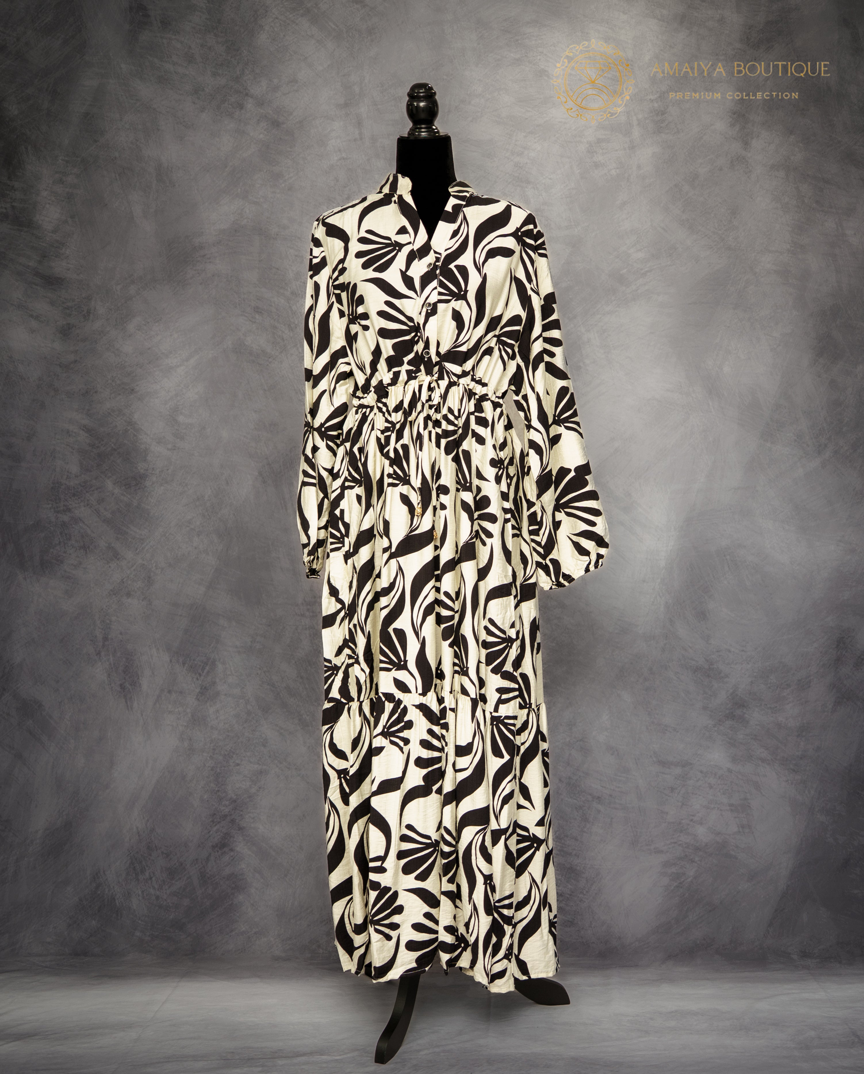 Linen Long Dress- Black & White Floral