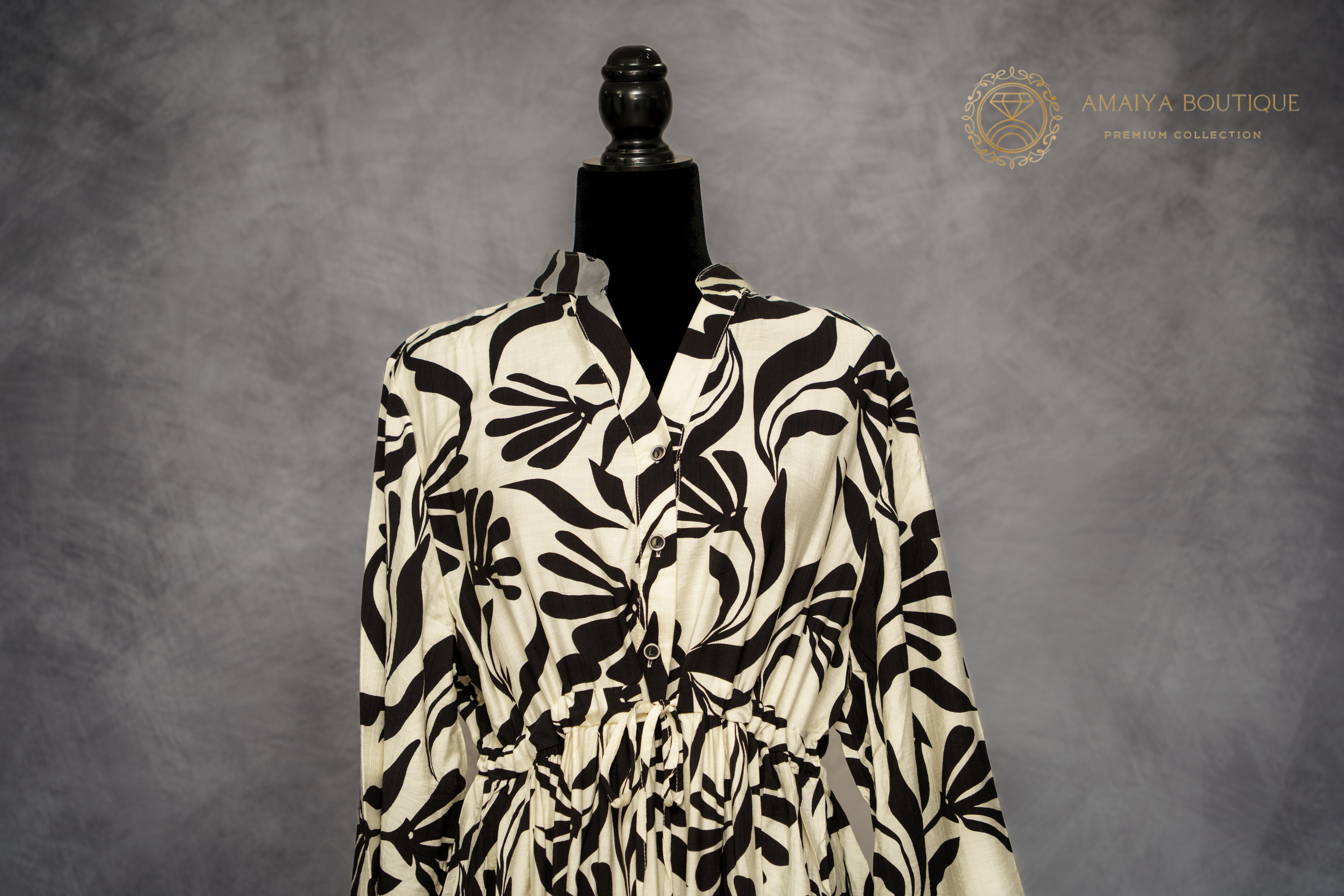 Linen Long Dress- Black & White Floral