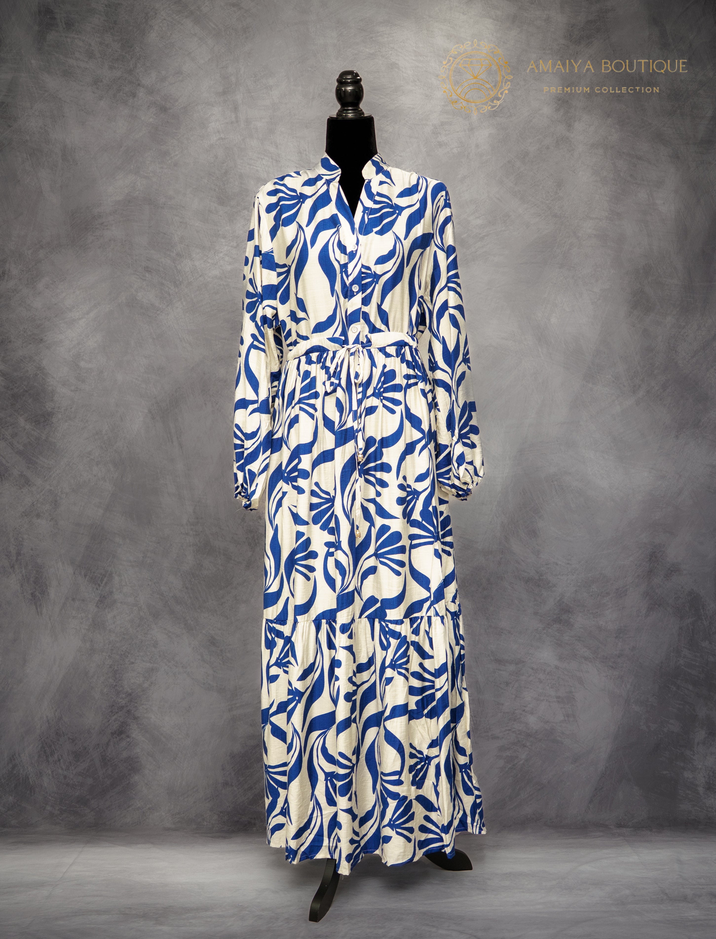 Linen Long Dress- Blue & White Floral