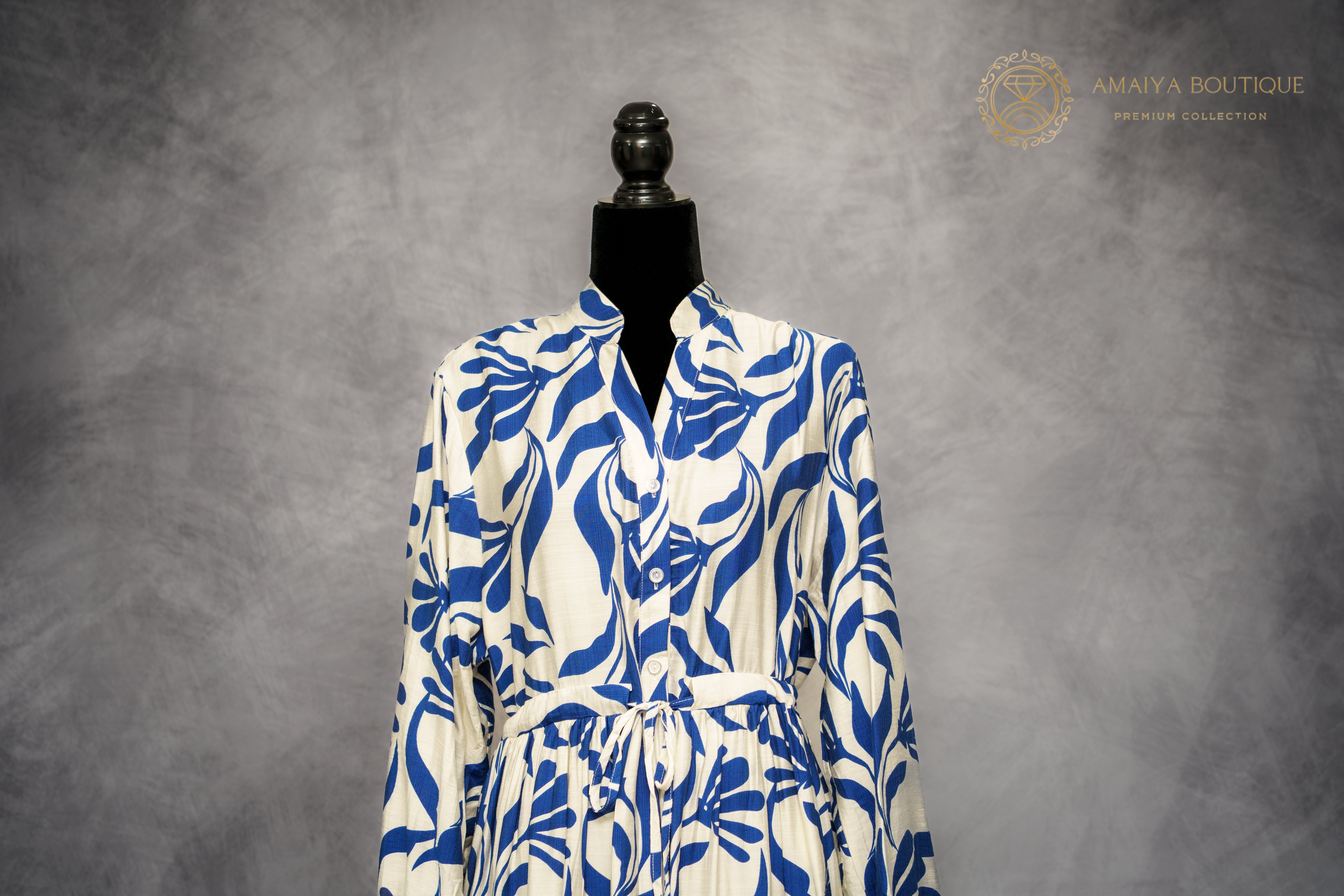 Linen Long Dress- Blue & White Floral