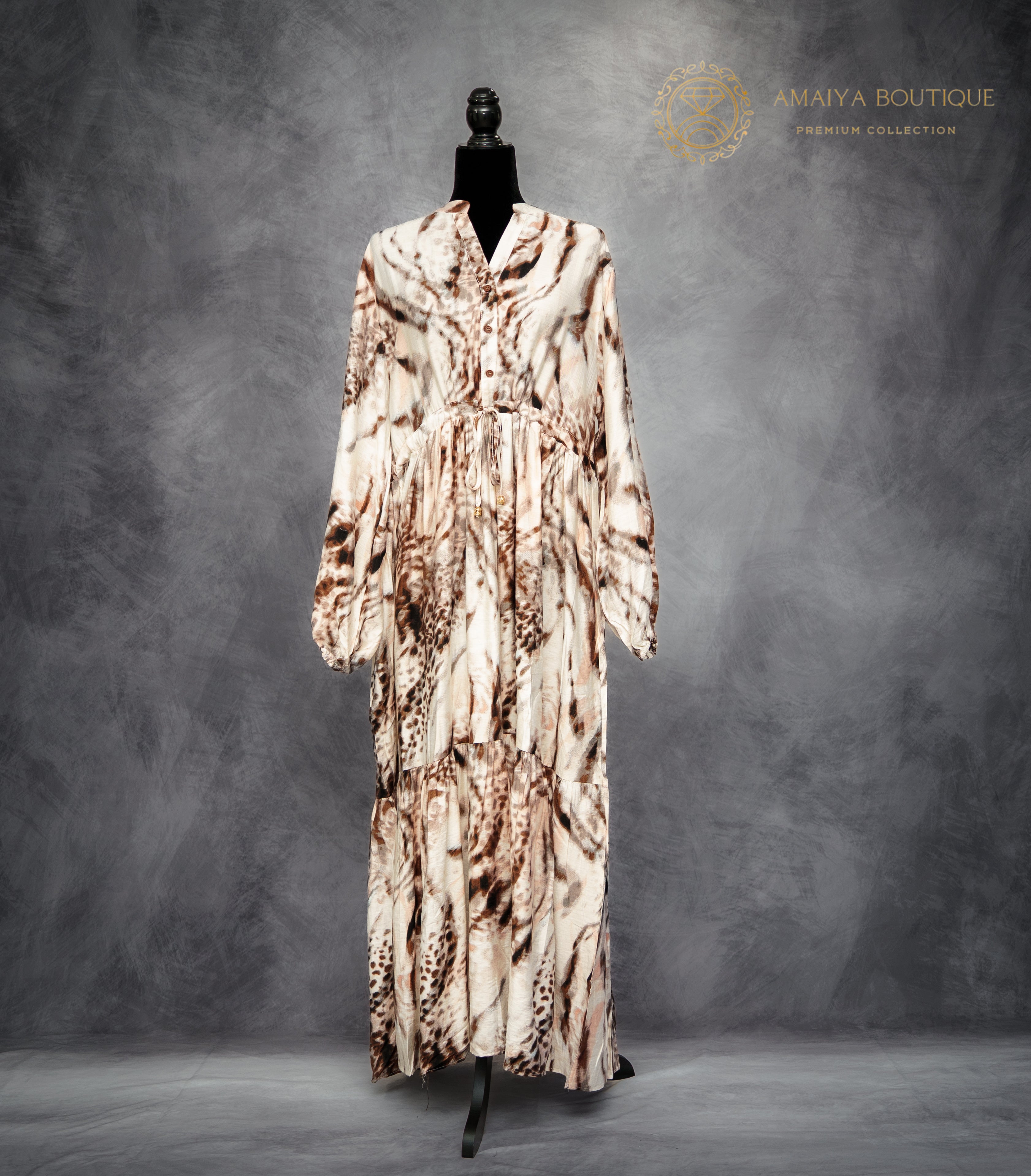 Linen Long Dress – Brown & Beige Cheetah Print