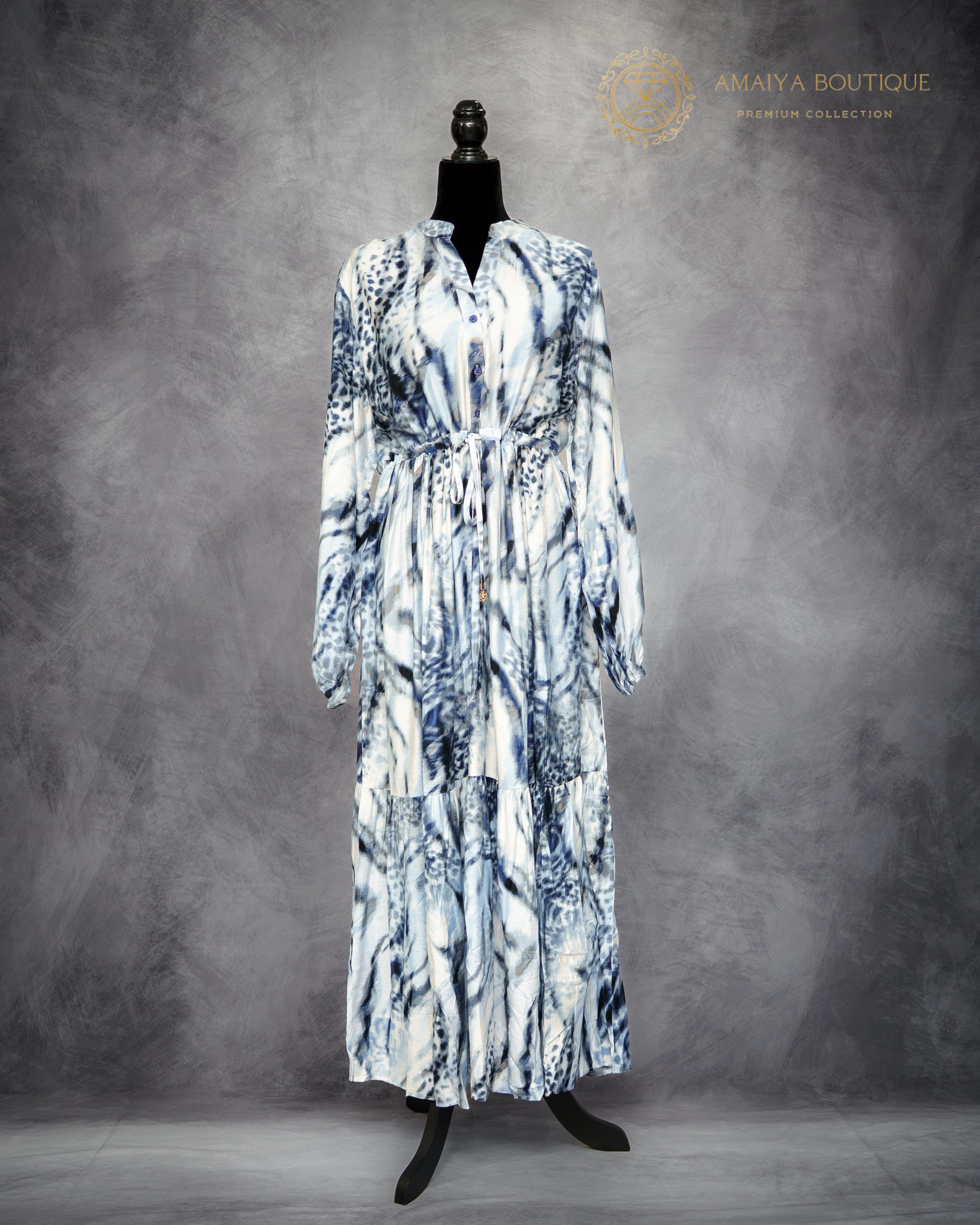 Linen Long Dress – Blue & White Cheetah Print