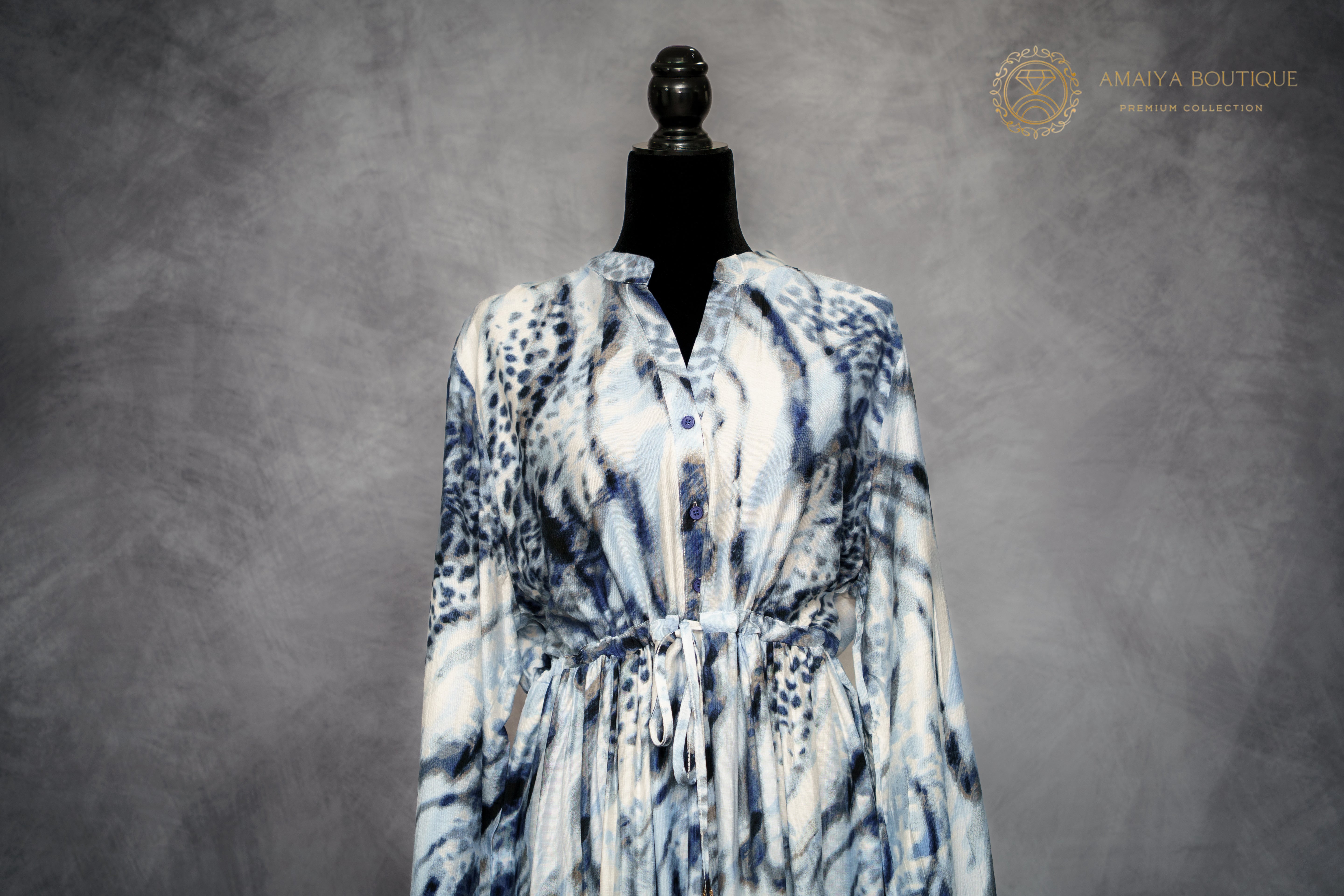 Linen Long Dress – Blue & White Cheetah Print