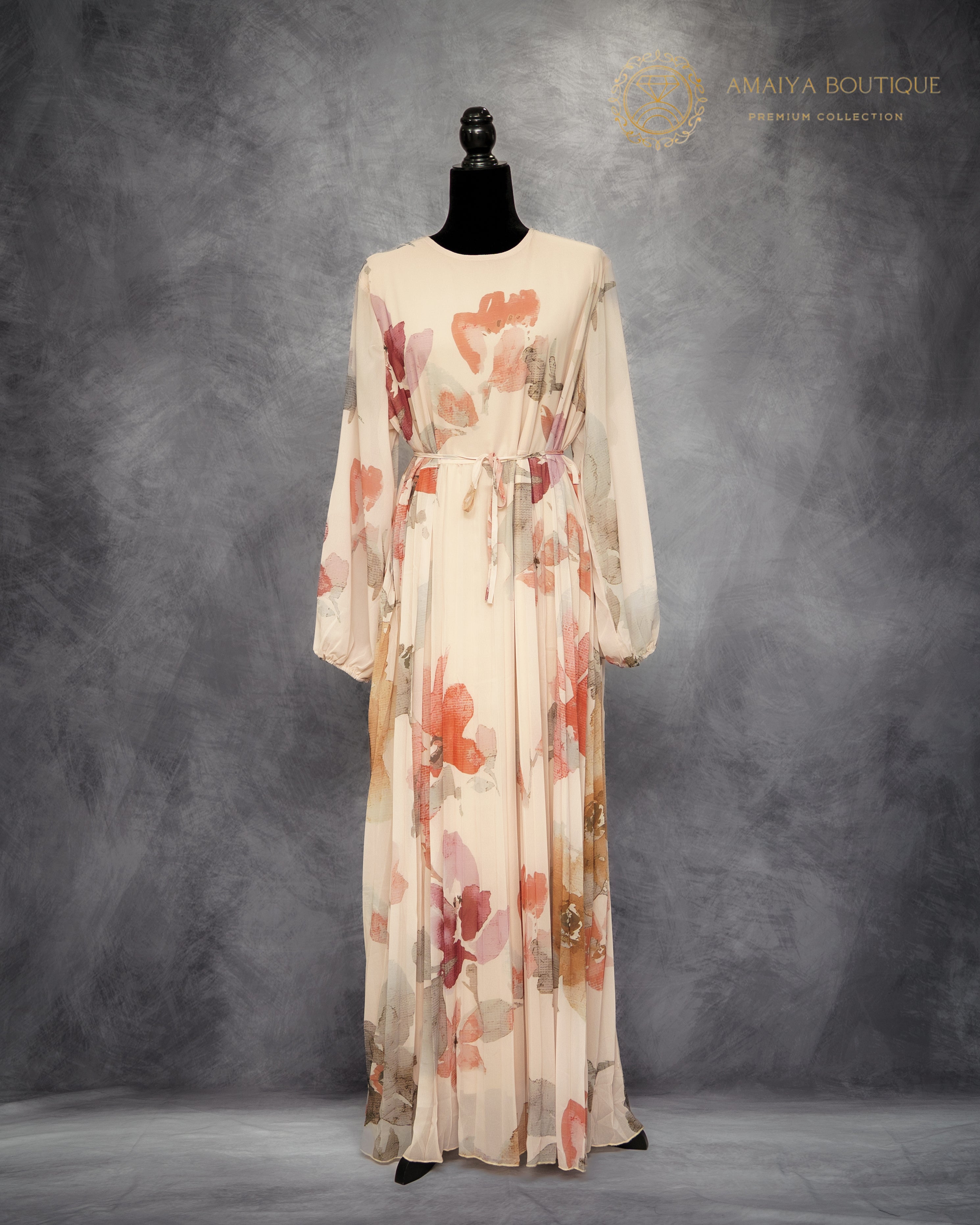 Chiffon Long Dress – Beige Floral