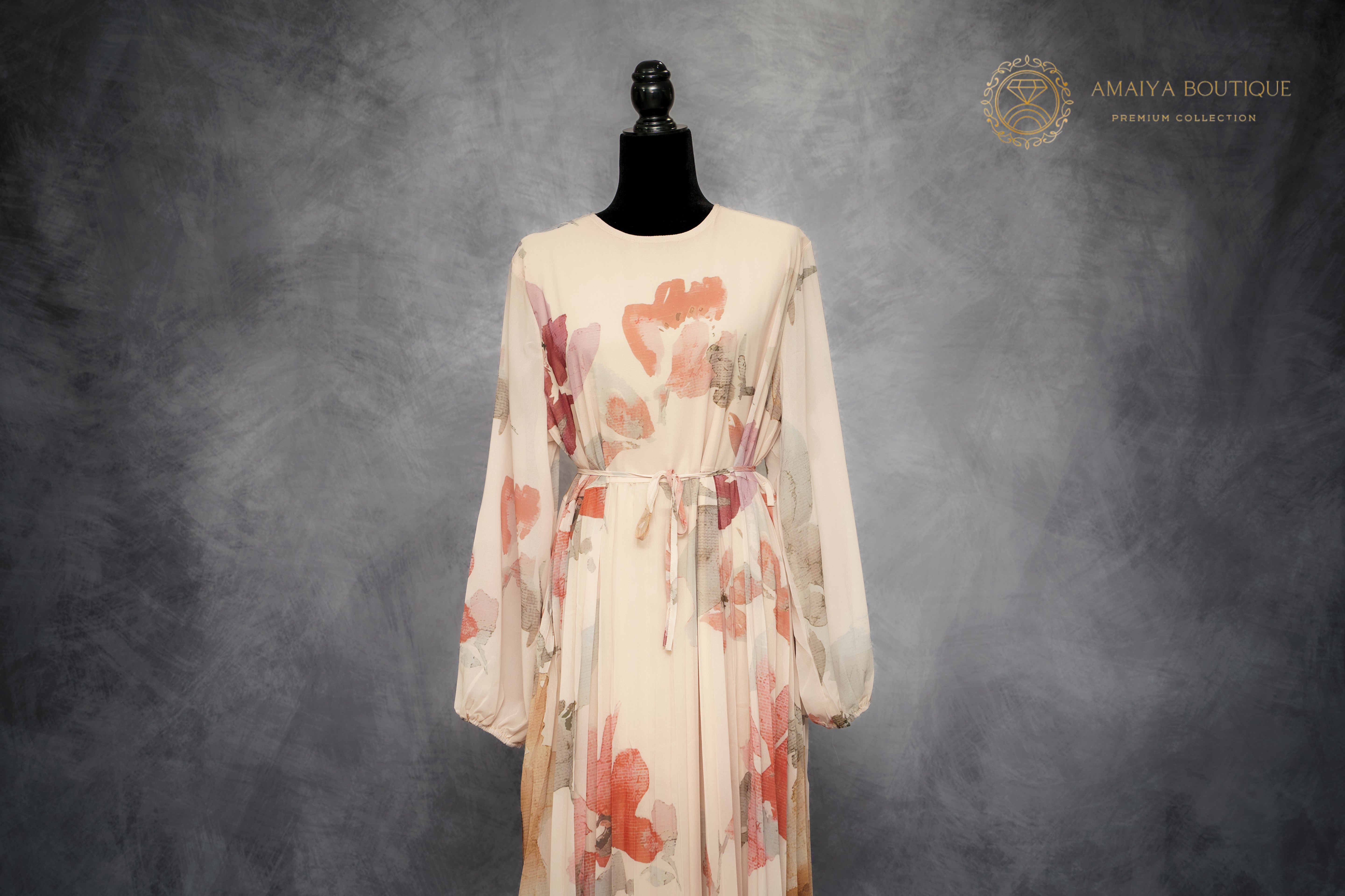 Chiffon Long Dress – Beige Floral