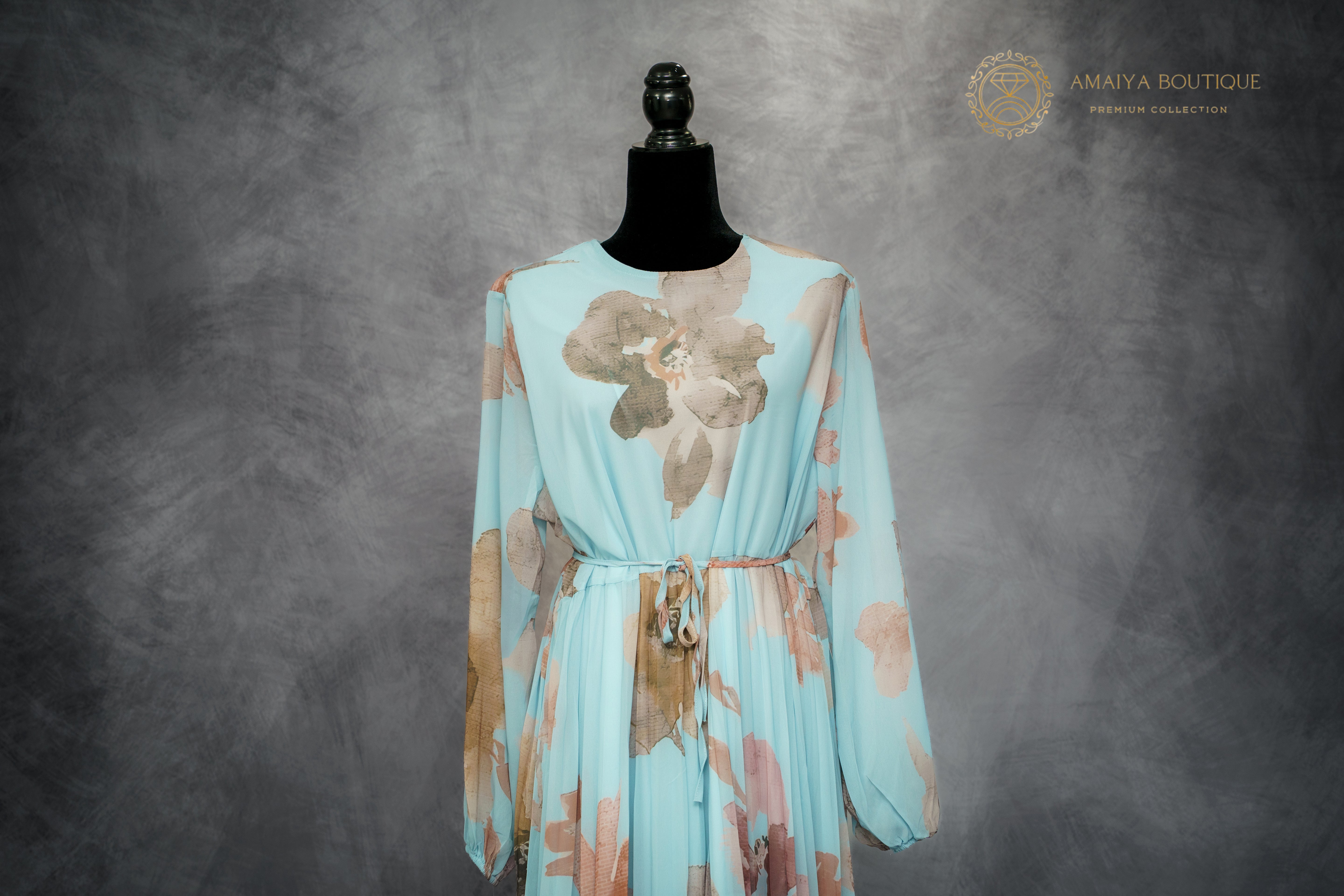 Chiffon Long Dress – Baby Blue Floral